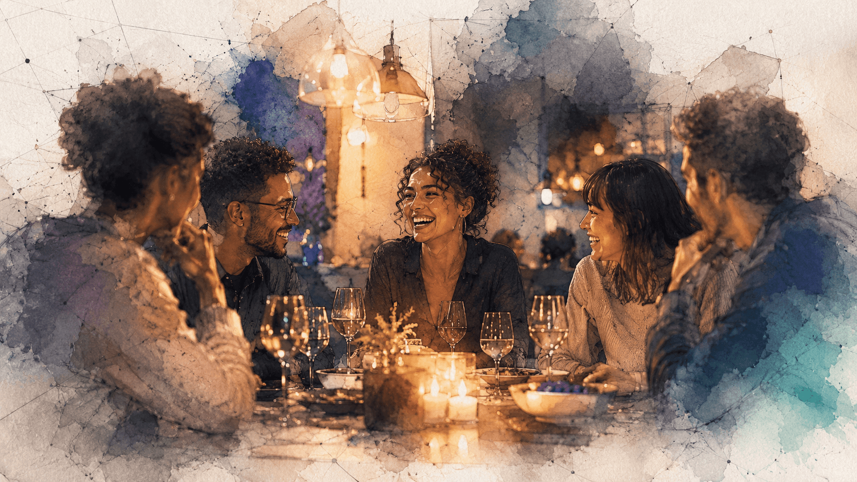 Friends gathered at a candlelit dinner